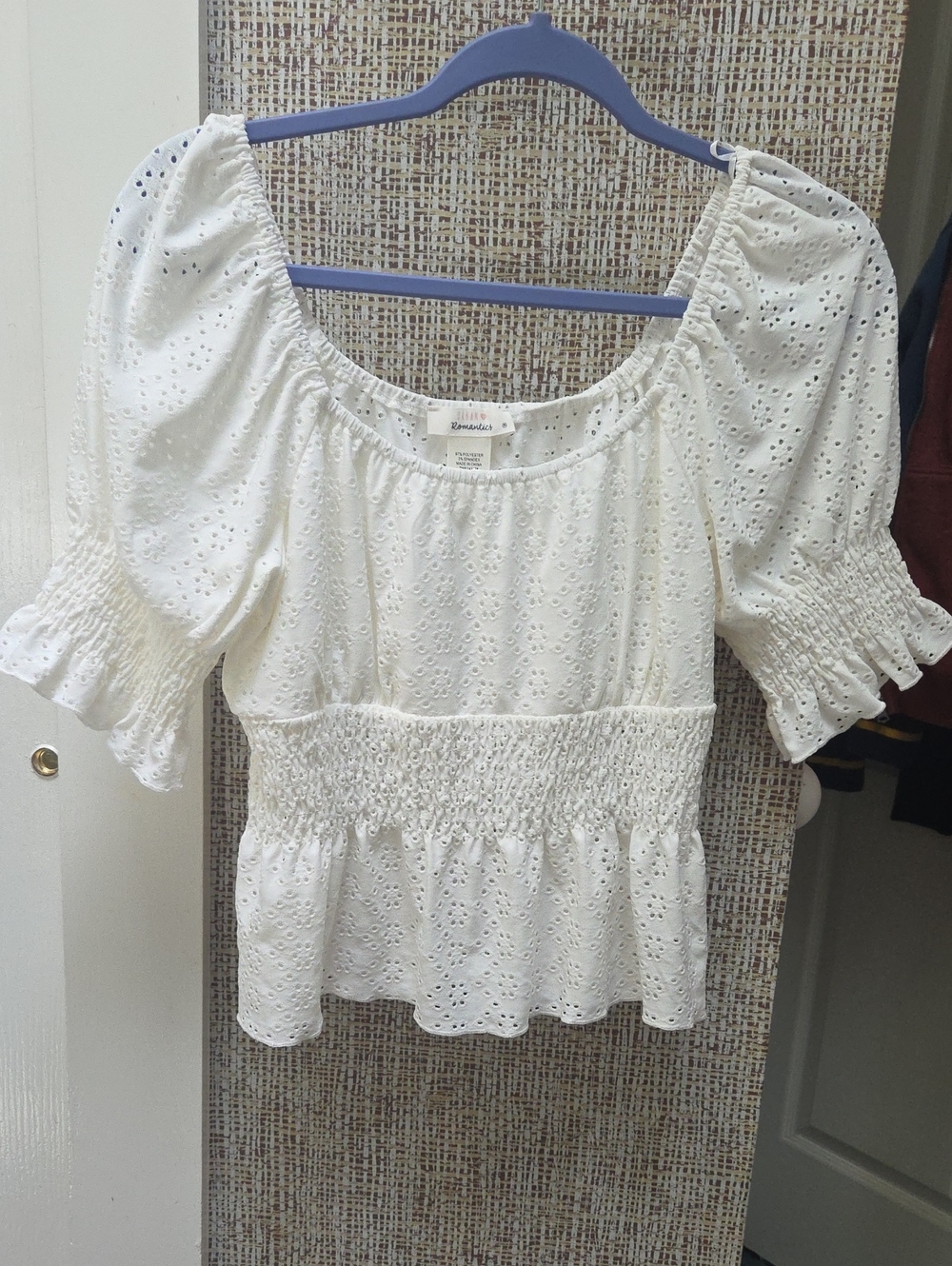 White Eyelet Smocked Peplum Blouse
